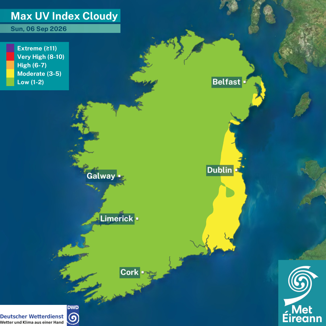 MetEireann's tweet photo. #UV Index for Sunday, 06th September  

▶️ Moderate under clear skies 
▶️ Low mostly under cloudy skies  

Remember to be #sunsmart and protect your skin and eyes from the sun, even on cloudy days 🕶️🧴🧢 

ℹ️ https://t.co/HPryW0cMDo https://t.co/n0Cgy14Ct5