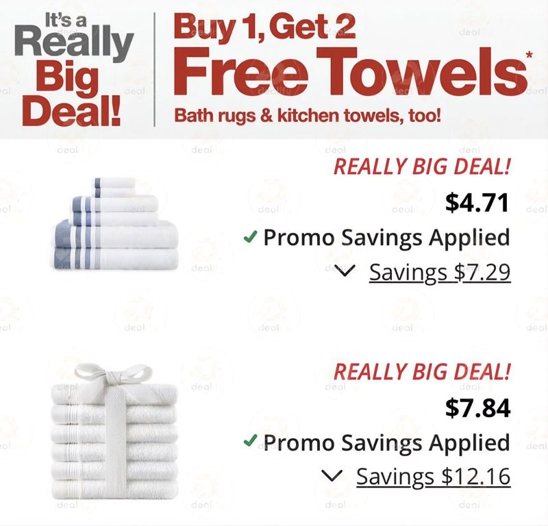 DealifyGroup's tweet photo. BUY ONE GET TWO FREE TOWELS

JCPenney is running a sale on towels and rugs as low as $4
Many styles available and deal ends on 9/7
Free store pickup or free shipping on orders $49+ https://t.co/TodaI3BQeN
