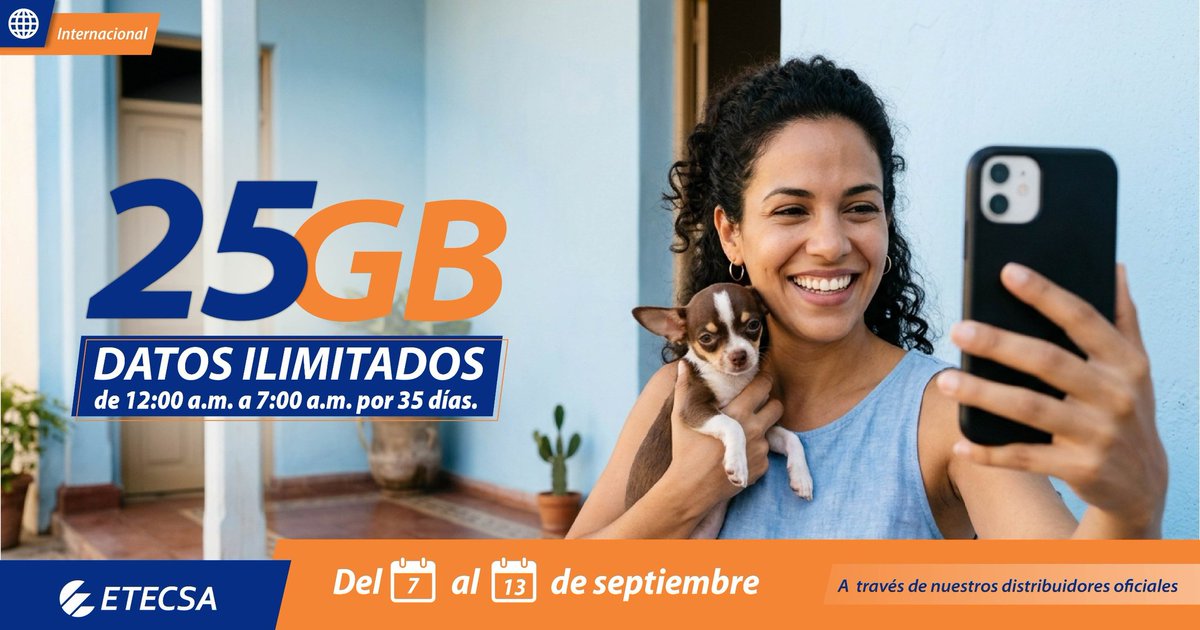 garcia_yec52416's tweet photo. Nueva promoción!!
Del 7 al 13 de septiembre, si recibes una recarga internacional entre 600 CUP y 1250 CUP, recibes 25 GB + datos ilimitados de 12:00 a.m. a 7:00  a.m. Conoce todos los detalles en https://t.co/Njmti30JoD 🔗  #RecargaInternacional https://t.co/CdbuDXuojH