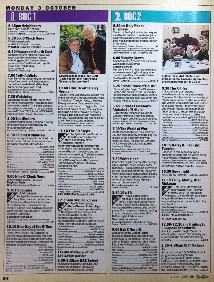 TvDidYouSee's tweet photo. #OnThisDay 3 October 1994 📺TV Listings
Life at Gipton police station in Leeds in THE NICK.
Black and white fun in #HarryHill's FRUIT FANCIES.
#TimothySpall sitcom NICE DAY AT THE OFFICE continues, as does DESMOND'S.
Tracy learns that Ken's to be a dad again in #CoronationStreet. https://t.co/gvZaTyRjng