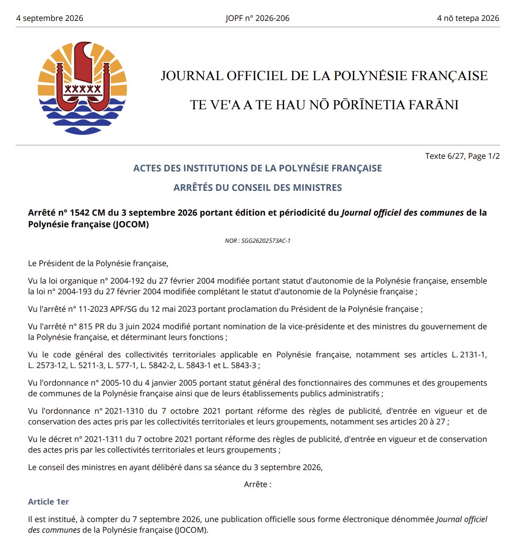 JuridiquePoly's tweet photo. Arrêté n° 1542 CM du 3 septembre 2026 portant édition et périodicité du Journal officiel des communes de la Polynésie française (JOCOM) JOPF n° 206 du 04/09/2026 https://t.co/tnchasaPMN https://t.co/YjsCwLqvPD