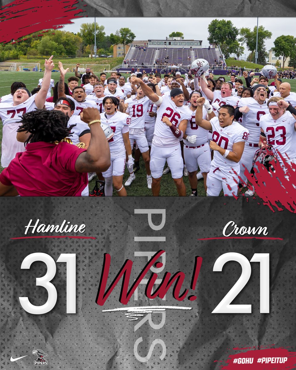HUPipers's tweet photo. PIPERS WIN!!! 🏈

@HamlineFootball gets their first win of the season as a squad, giving @NewBobDaviesFB his first win as Hamline's new head football coach! A HUGE WIN FOR PIPER FOOTBALL! #RDP 

#GoHU #PipeItUp https://t.co/MECf21IM75
