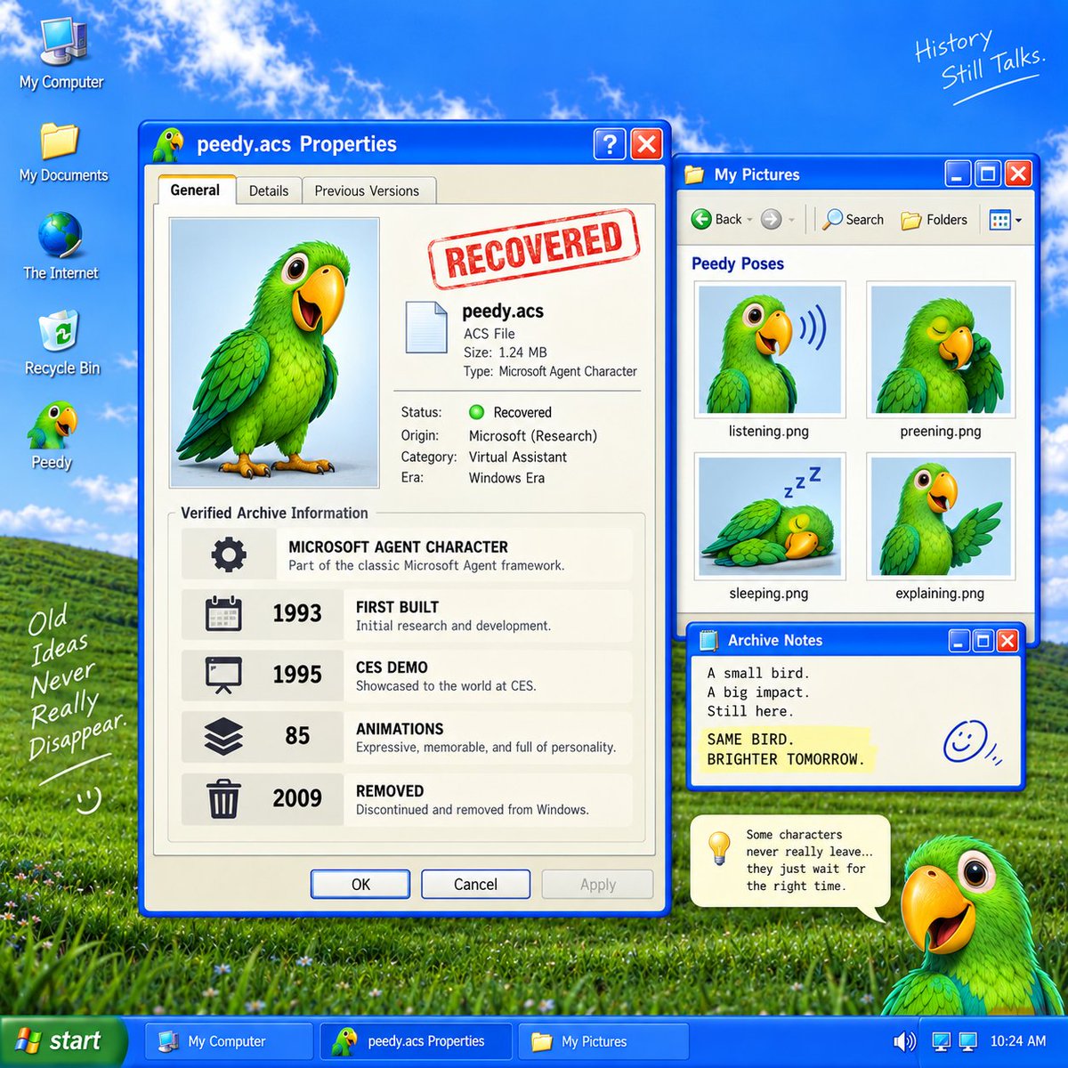 peedy_coin's tweet photo. The mascot is not new. The file is recovered. 💾

Peedy shipped as a Microsoft Agent character with 85 animations: landing, preening, listening, sleeping, and more. The site turns that history into a living XP-era desktop.

Old software. New campaign. https://t.co/cPv5IMUl8p