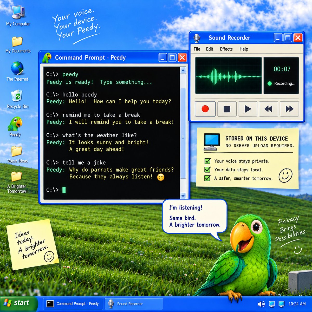peedy_coin's tweet photo. A parrot should repeat what you say. This one actually does. 🗣️

Text entered into Peedy’s recorder or command prompt stays on the user’s device and can be quoted back later—no server upload required for the gag.

#PEEDY #Solana #RetroTech #Privacy https://t.co/aWJfw8TxTi