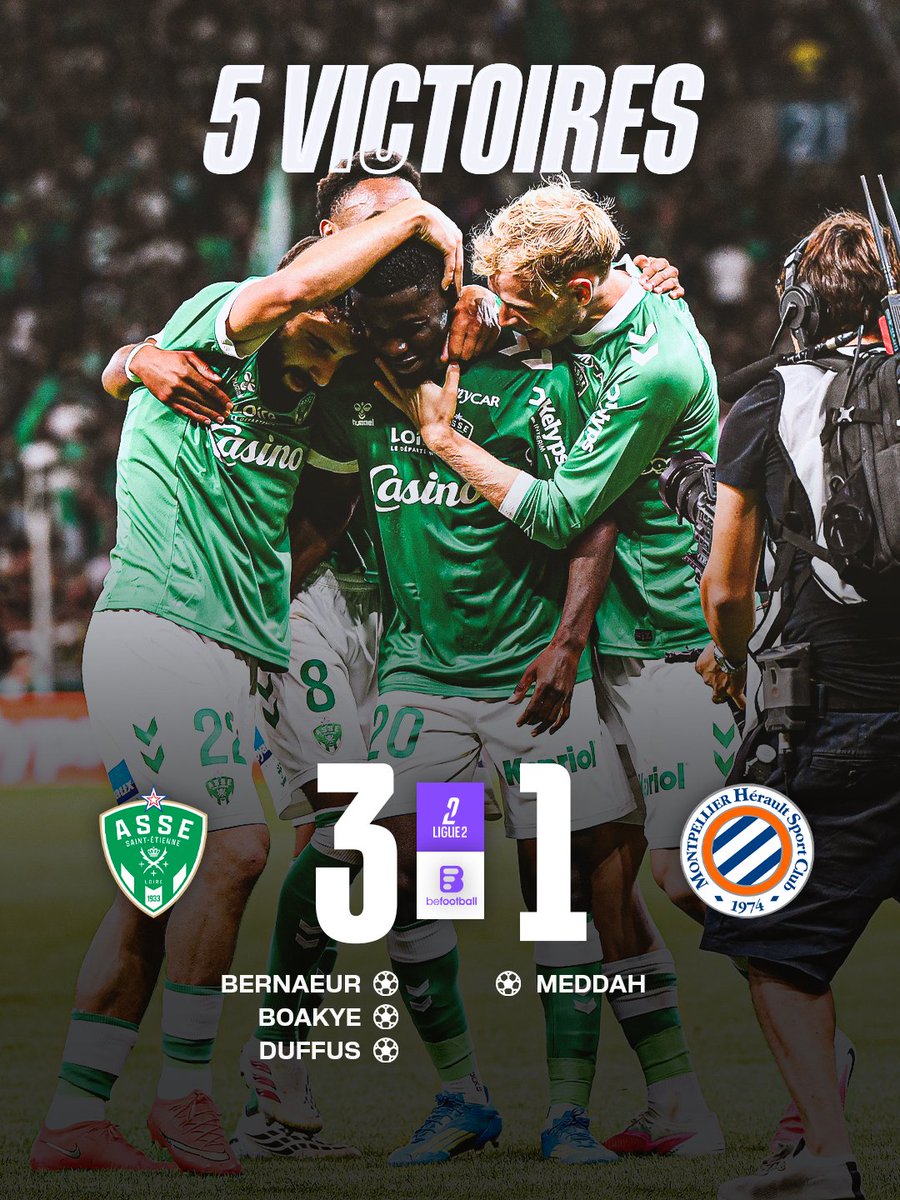 _BeFootball's tweet photo. 🚨🚨 LES VERTS ENCHAÎNENT UNE 5E VICTOIRE DE SUITE EN LIGUE 2 : C'EST LA MEILLEURE DYNAMIQUE D'EUROPE !!! 🤯💚🤍

⚽️ Premiers buts cette saison pour Bernaeur et Duffus

🎯🎯 Cardona double passeur décisif

(Et dire que c'était une affiche de L1 il y a quelques années) https://t.co/ntHdJzEqcm