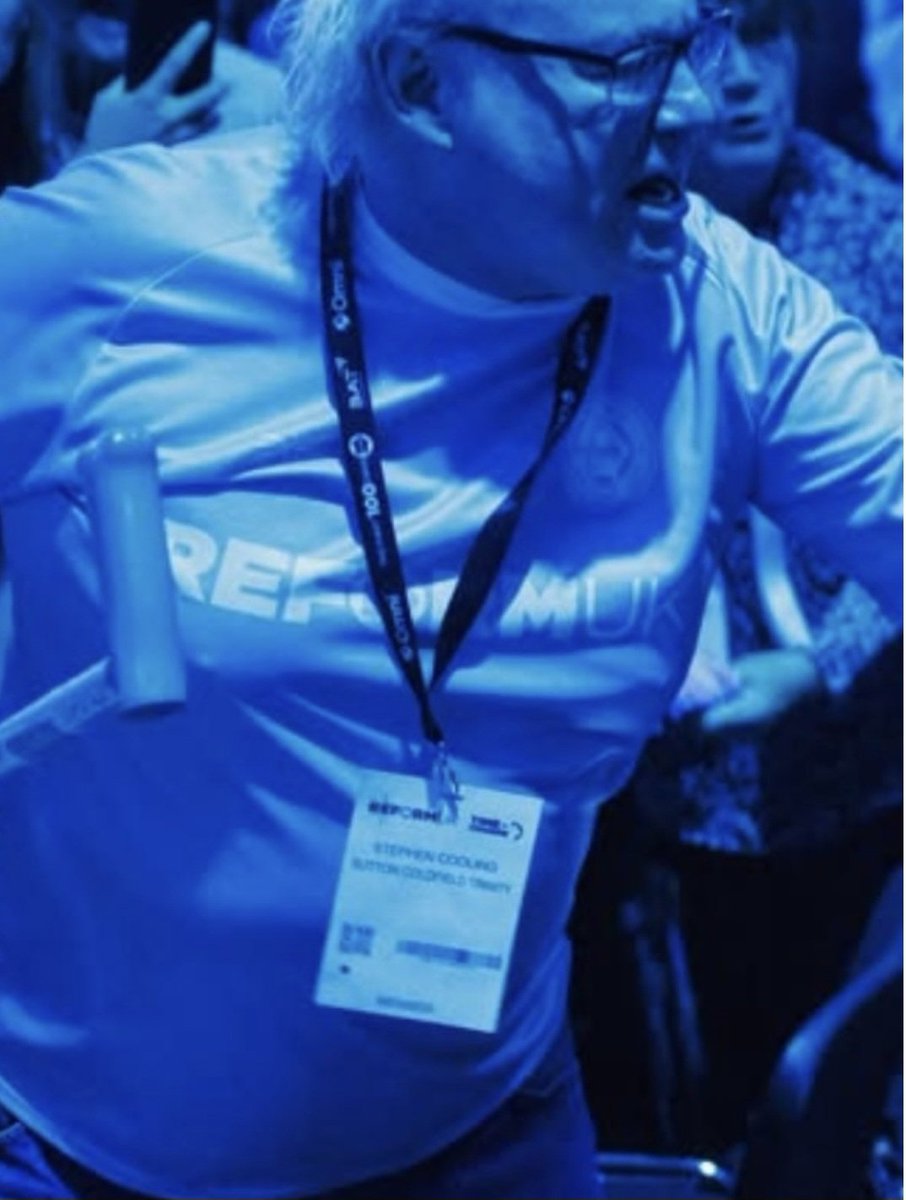 ElyzabethSB's tweet photo. @supertanskiii The name, Stephen Cooling of Sutton Coalfield, can be seen on the Reform delegate badge of this thug. https://t.co/X8wFwOQ3py