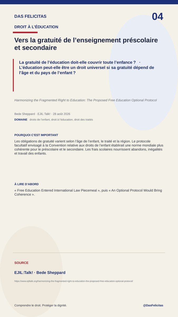 DasFelicitas's tweet photo. 4. Vers la gratuité de l’enseignement préscolaire et secondaire
https://t.co/uHlrOfj19x...
La gratuité de l’éducation doit-elle couvrir toute l’enfance?
L’éducation peut-elle être un droit universel si sa gratuité dépend de l’âge et du pays de l’#enfant?
#marieabeng #marieabeng https://t.co/HzUqAulxQG