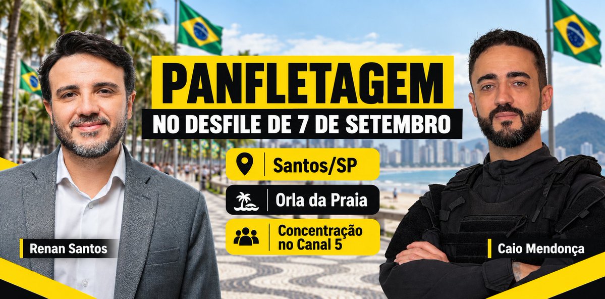 caiomendoncasp's tweet photo. 🚨 Faremos aqui em Santos nesse feriado de 7 de setembro, uma ação de panfletagem e bandeiraço durante o desfile na Orla da Praia.

Venha com a gente, se você é da região e quer divulgar o Renan por aqui. Pra mais informações e confirmar sua presença, acesse esse link: https://t.co/ZGZsNmMfn9