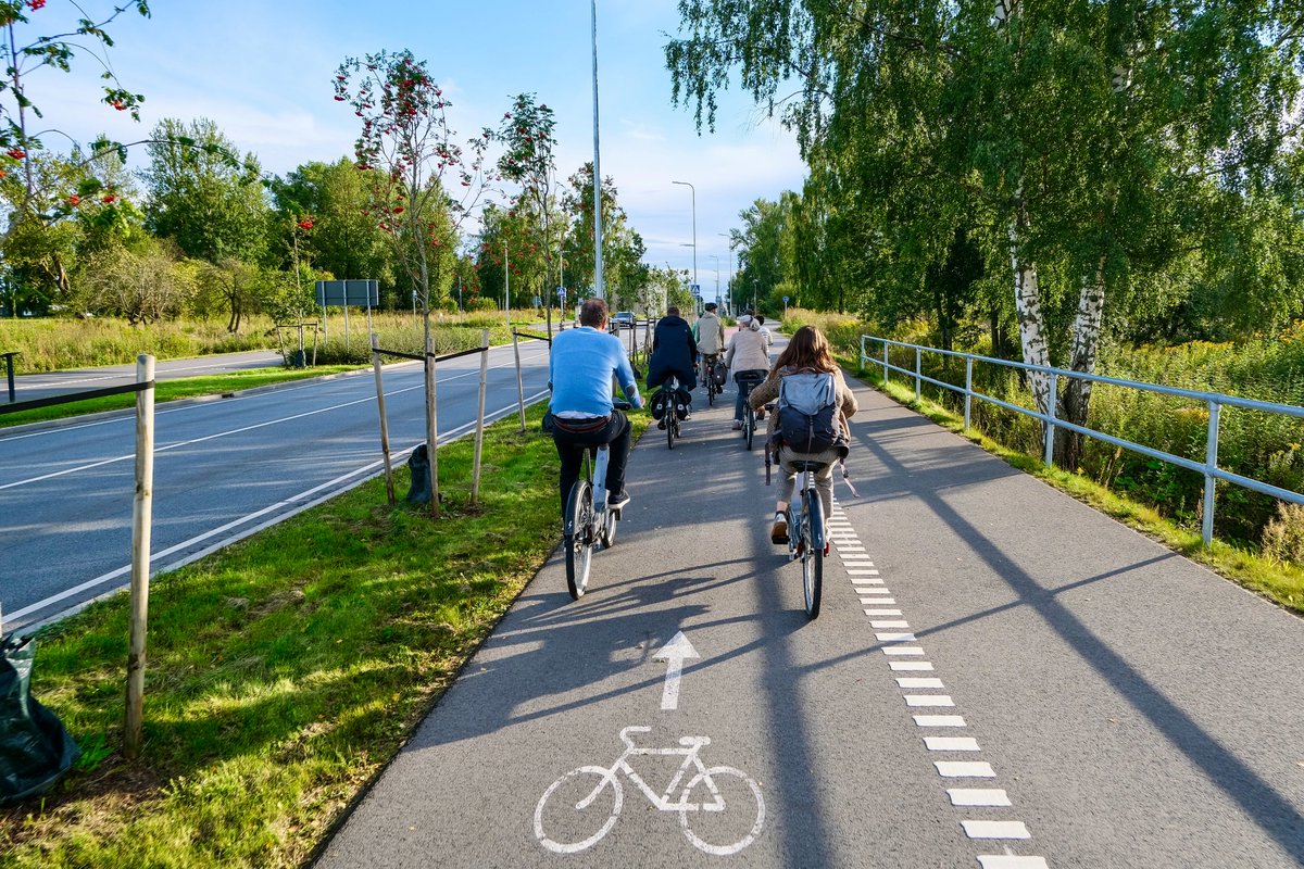 Cyclists in casual autumn attire ride along dedicated cycling infrastructure lined with buildings and trees on the streets of Tallinn, Estonia.