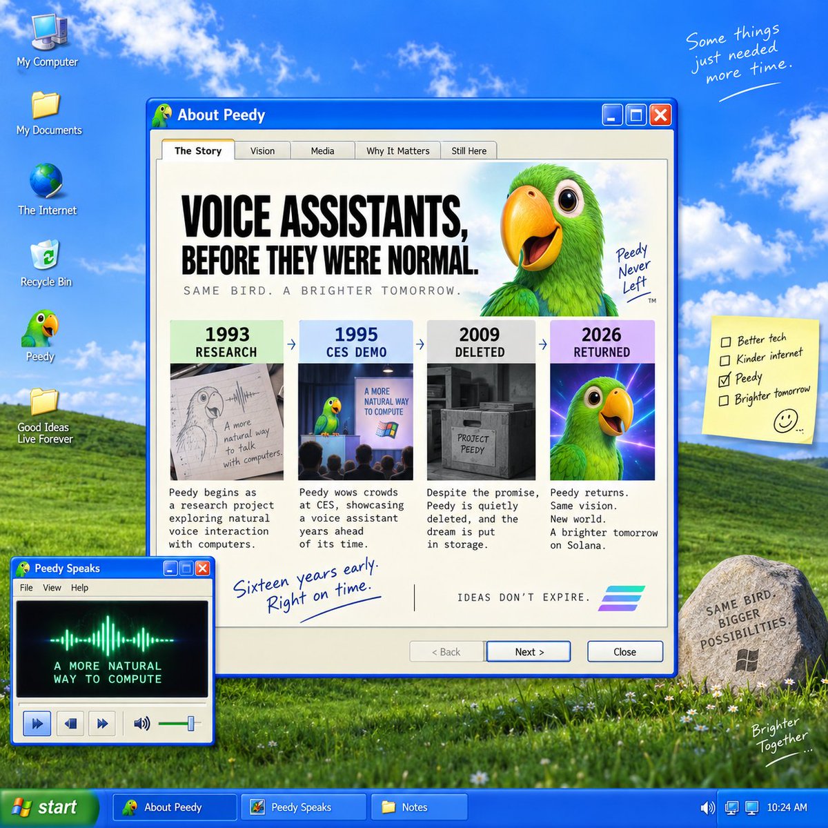 peedy_coin's tweet photo. Before Siri, before Alexa, there was a green parrot on a CES stage. 🎙️

Peedy began in Microsoft Research in 1993 and was demoed by Bill Gates in 1995—voice in, voice out, years before talking assistants became normal.

Sixteen years early hits different. https://t.co/J6xSRUQDDR