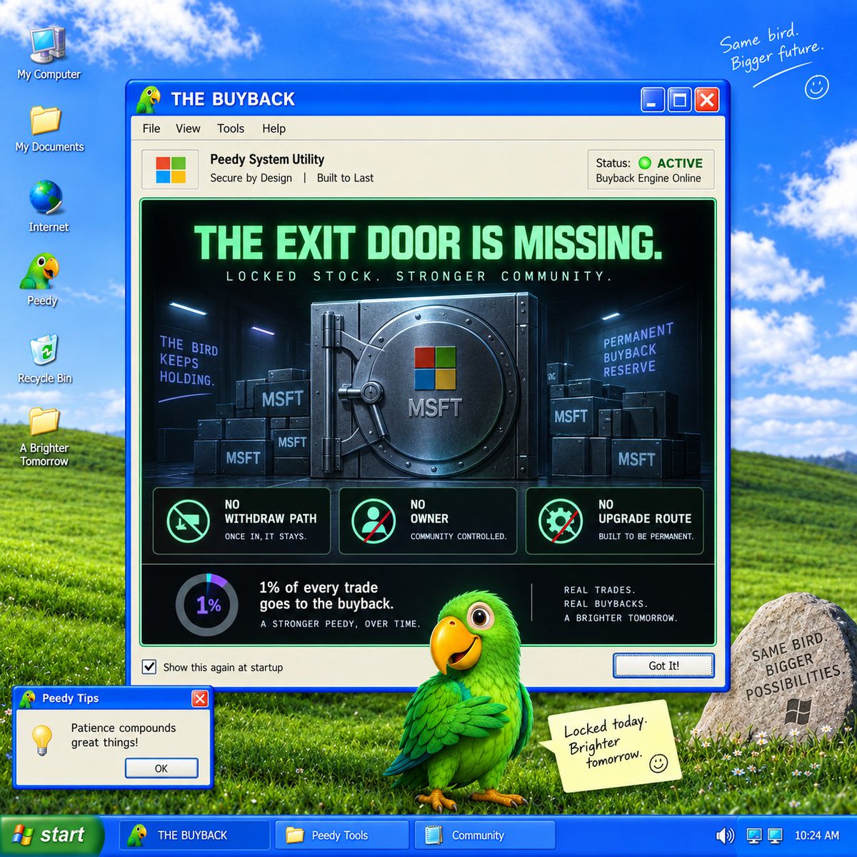 peedy_coin's tweet photo. A buyback only matters if the exit door is real—or missing. 🔒

Peedy’s vault is designed with no withdraw path, no owner, and no upgrade route. The whole joke works because the Microsoft exposure is meant to stay put.

Read the mechanism, not the meme. https://t.co/4YCqw0lKC6