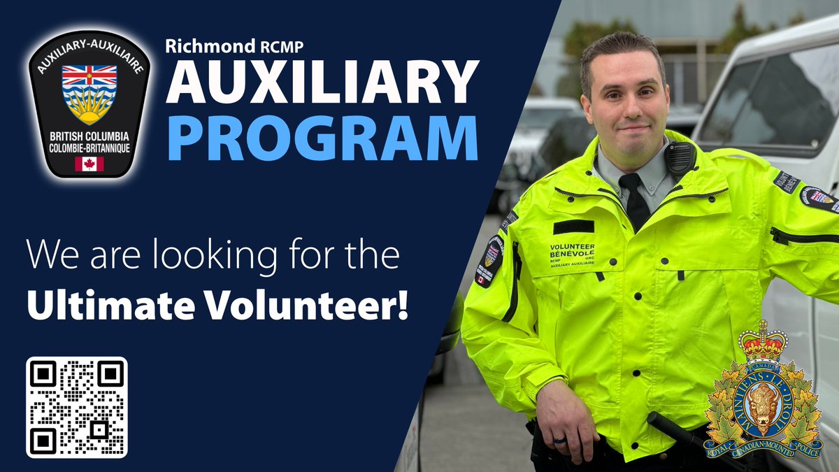 RichmondRCMP's tweet photo. 🚓✨Are you passionate about community policing and public safety? Join Richmond RCMP’s Auxiliary program and become the Ultimate Volunteer! 🌟 Our next information session is coming up on September 17th, 2026. To learn more or register, visit: 🔗https://t.co/UPKAc3QvVi https://t.co/mSjKwmHETR