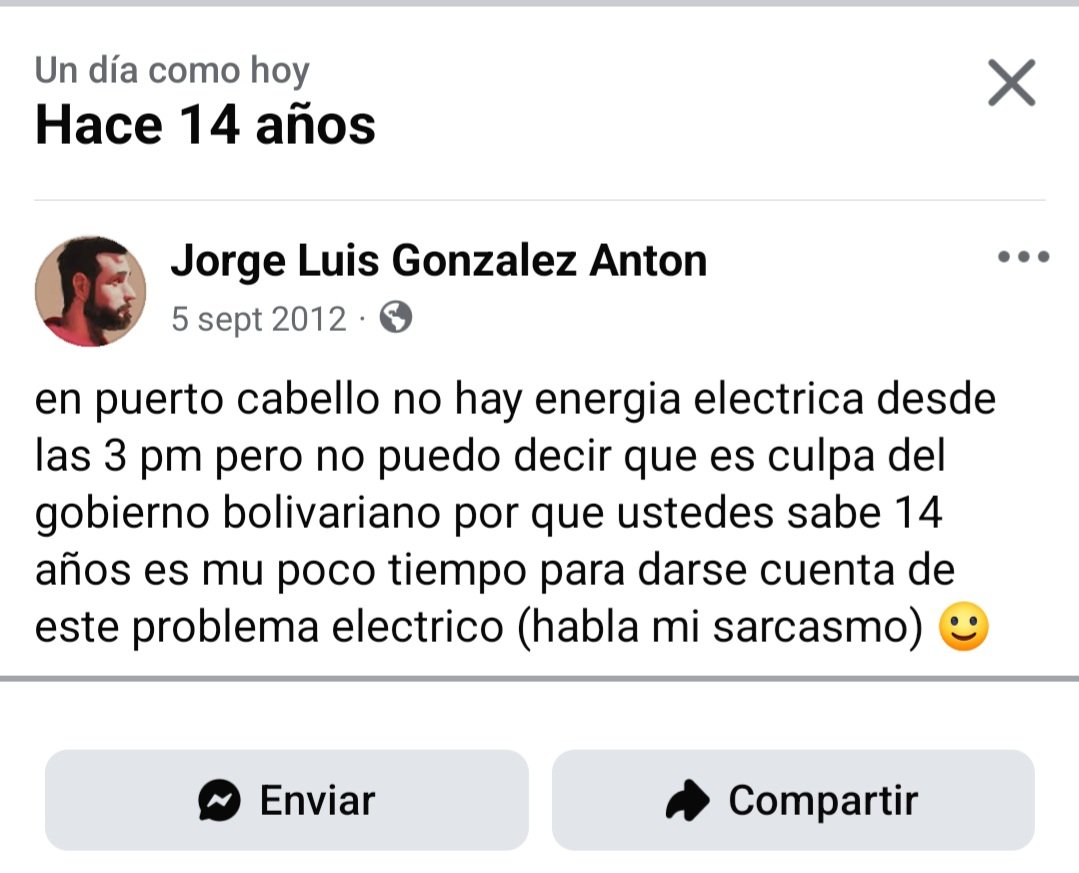 Antonjorch's tweet photo. Sin luz.

Me llega una notificacion de los recuerdos de fb.

Lo abro porque generalmente son cosas cringe que me dan risa.

Ah caray . https://t.co/CTiRGLWXUO