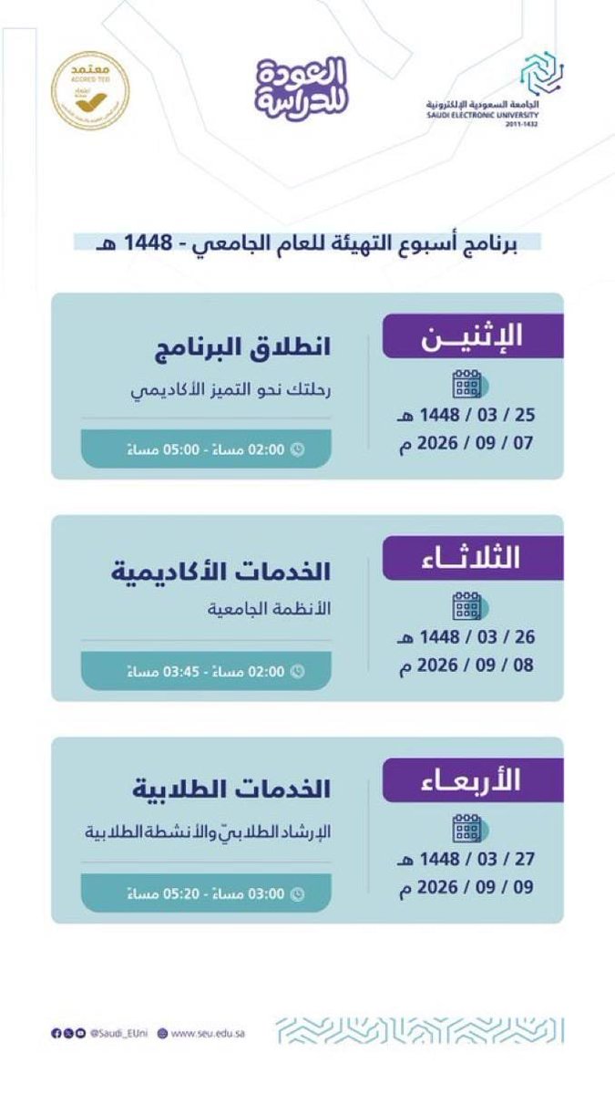 Masargc's tweet photo. الجامعة السعودية الإلكترونية تطلق أسبوع التهيئة ببرنامج تعريفي بالخدمات الأكاديمية والطلابية
#الجامعة_السعودية_الإلكترونية https://t.co/vfuxKqun1B