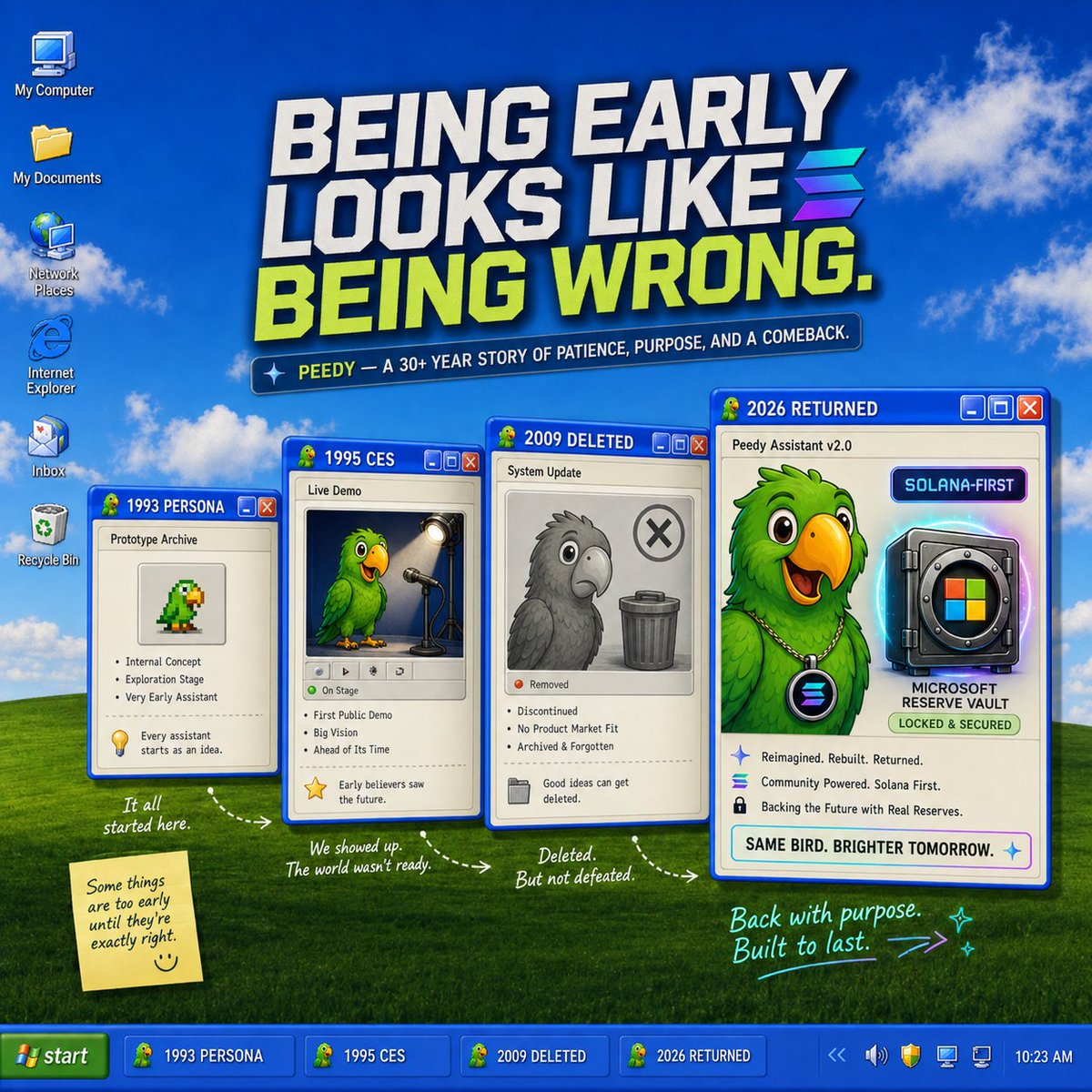 peedy_coin's tweet photo. Being early and being wrong can look identical for years. ⏳
Peedy’s timeline runs from Microsoft Research in 1993 to the CES demo in 1995, deletion in 2009, and a 2026 return built around getting a piece of the company.
#PEEDY #Solana #Memecoin #RetroTech https://t.co/vLcgUChxHT