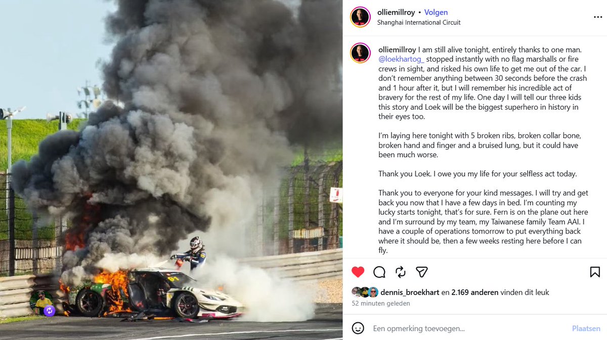 MsportXtra's tweet photo. #ChinaGT A word from Ollie Milroy after being pulled out of a burning car by Loek Hartog. #MsportXtra https://t.co/pnzP7yZm5a