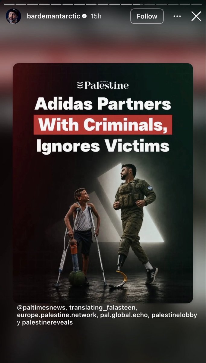 phantompain1984's tweet photo. 4,000 Palestinian children have lost limbs to injuries caused by Isræl’s bombs.

And Adidas chose an Isræli soldier to front its campaign.

Javier Bardem responded by repeatedly pushing #BoycottAdidas to his millions of followers.

This is bigger than one celebrity or one brand.

It is the same Spanish soft power I documented before:

The athlete raises the flag. The actor breaks the silence. The public applies the pressure.

From Lamine Yamal to Javier Bardem, Spain has turned culture itself into a front for Palestine. 🇪🇸🇵🇸