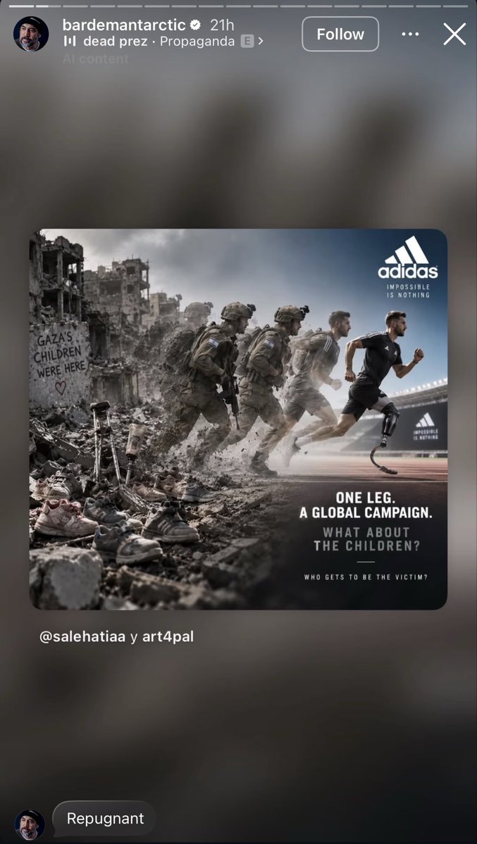 phantompain1984's tweet photo. 4,000 Palestinian children have lost limbs to injuries caused by Isræl’s bombs.

And Adidas chose an Isræli soldier to front its campaign.

Javier Bardem responded by repeatedly pushing #BoycottAdidas to his millions of followers.

This is bigger than one celebrity or one brand.

It is the same Spanish soft power I documented before:

The athlete raises the flag. The actor breaks the silence. The public applies the pressure.

From Lamine Yamal to Javier Bardem, Spain has turned culture itself into a front for Palestine. 🇪🇸🇵🇸
