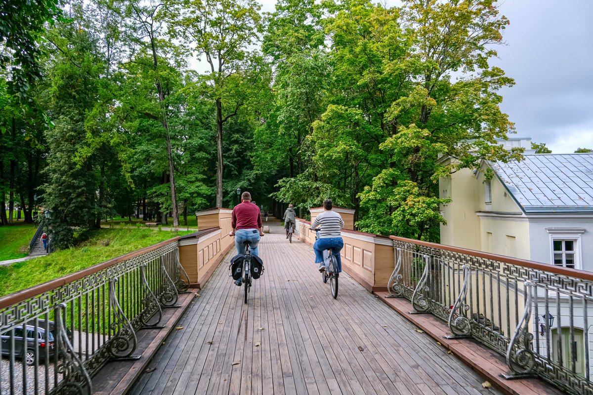 Cyclists in casual autumn attire ride along dedicated cycling infrastructure lined with buildings and trees on the streets of Tallinn, Estonia.