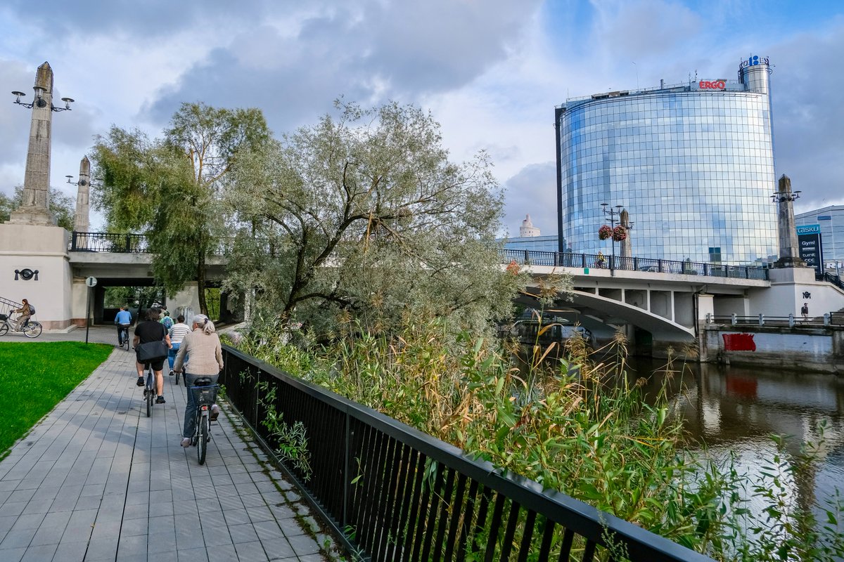 Cyclists in casual autumn attire ride along dedicated cycling infrastructure lined with buildings and trees on the streets of Tallinn, Estonia.
