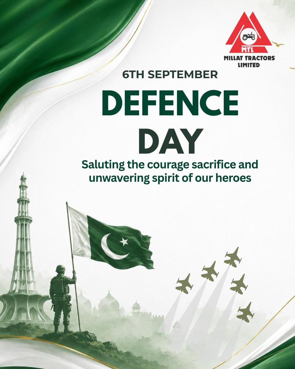 _Millattractors's tweet photo. 🇵🇰 Honouring the courage, sacrifice, and unwavering spirit of our heroes.
On this Defence Day, we salute the brave defenders of Pakistan. 🇵🇰
6th September | Defence Day

#DefenceDay #Pakistan #6September #MillatTractors https://t.co/Gn0vzNolEw