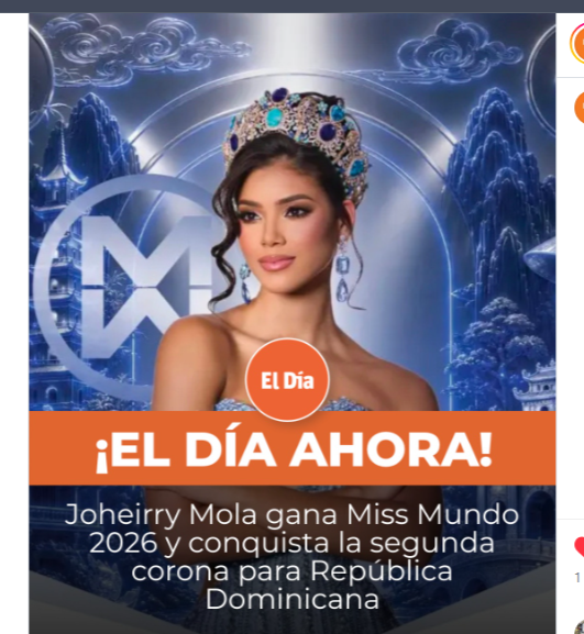 MarcosBR2022's tweet photo. Joheirry Mola se coronó como Miss Mundo 2026, convirtiéndose en la segunda representante de República Dominicana en conquistar el certamen. El país había obtenido anteriormente cuatro reconocimientos continentales: en una de esas ocasiones, Mariasela Álvarez corona mundial, https://t.co/27LF9wA00T