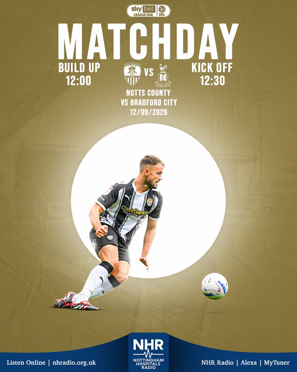 NottsNHR's tweet photo. Later on NHR, Live football as we bring you Notts v Bradford.

Only available in the City &amp; QMC Hospitals and the National Rehabilitation Centre.

Listen on your bedside unit, wifi radio, or NHR app whilst connected to the NHS Free WiFi. https://t.co/ssh040ahHX
