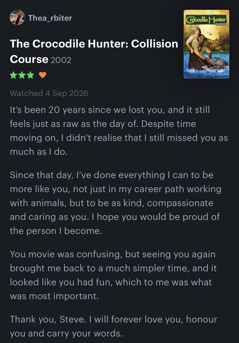 WynstanArbiter's tweet photo. A little late to the party but I wanted to post about something special to me.
Recently passed was the 20th anniversary of Steve Irwin’s passing and rewatching his movie brought back a lot of memories. I wrote this letter/review in his honour. Miss you every day💖 https://t.co/sKTgEza0BP