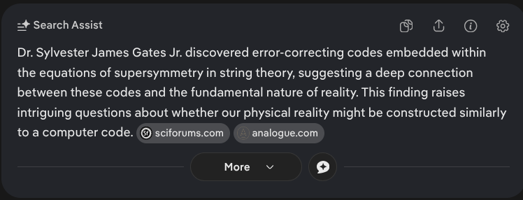 brandnothing1's tweet photo. @mathemetica Concerning holographic theory, please don't forget Sylvester Gates and the self correcting error checking code found within string theory equations. https://t.co/Cmy9nMU25C