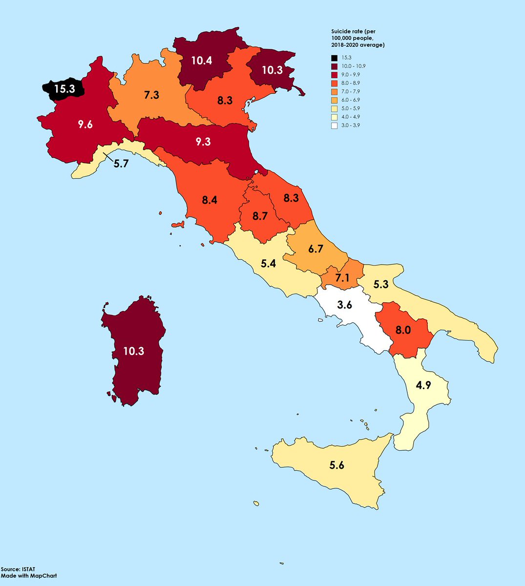 BrilliantMaps's tweet photo. Suicide Rate Per Italian Region

Why do you think the rate in the south is so much lower than the north despite the north being far wealthier than the south? 

Some thoughts: https://t.co/AGAZx3x2nM https://t.co/qGoY8pVaWC