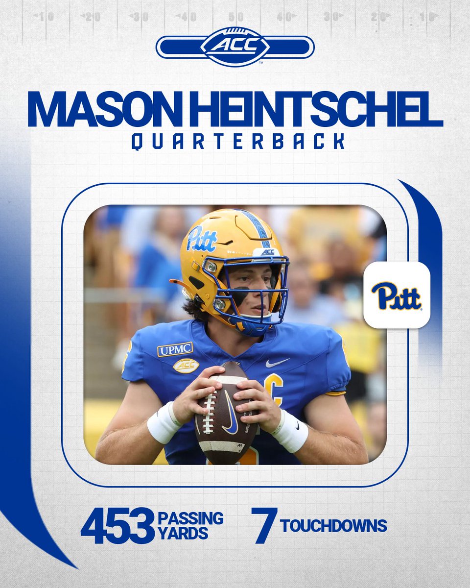 ACCFootball's tweet photo. Mason Heintschel had a performance for the history books!

✅ His 7 TD passes tied a @Pitt_FB record. 
✅ He's the first ACC QB since at least 1995 with 450+ passing yards and 7+ TDs. 

What. A. Day. https://t.co/qq8moiSBem