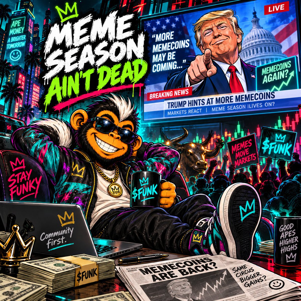 OfficialFunkApe's tweet photo. Meme season ain’t dead. 👀🔥
Yesterday made that pretty clear.
$FUNK is building before launch.
Community first. No rush. No bullshit.
@solana @pumpdotfun
#Solana #Memecoin https://t.co/4IzS4aXDHW