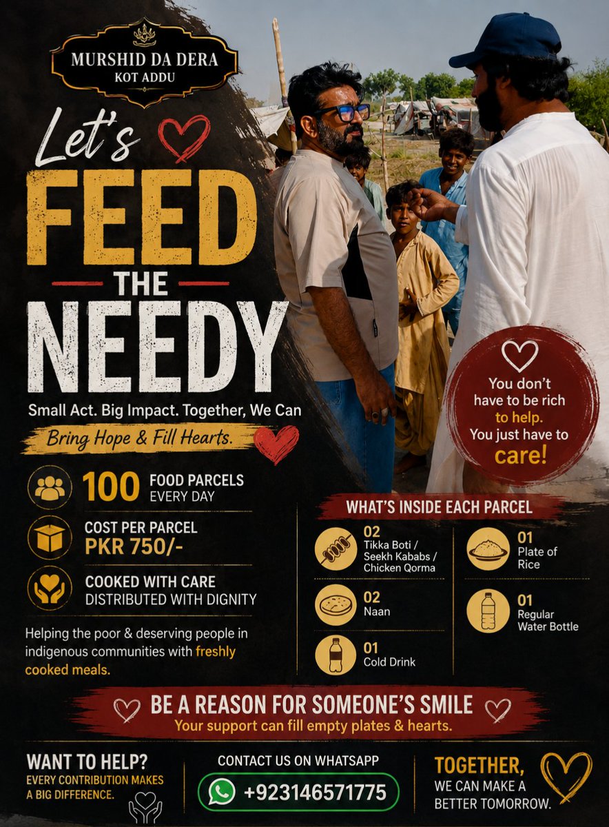 assadbukhari's tweet photo. ❤️ Humanity First ❤️

A meal may seem small to us, but for someone in need, it can mean hope, dignity, and a reason to smile.

Murshid Da Dera Kot Addu is providing freshly cooked food to poor and needy families in underserved communities.

🍱 100 Food Parcels Every Day
💰 750 PKR Per Parcel

🤝 Join us in putting Humanity First.
Your support can help feed someone today.

📲 https://t.co/jhT3PDZEJr

Follow Us on Tiktok

https://t.co/Y4LFb9yUDI

#عمران_خان_کیلئے_ڈٹ_جاؤ #BeşiktaşınMaçıVar #Barça #Manabí #FenerbahçeBeşiktaş #PunjabDevelopment #AFLWDogsSwans #FirestickIPTV #MissWorld2026 #DíaDeLaMujerIndígena