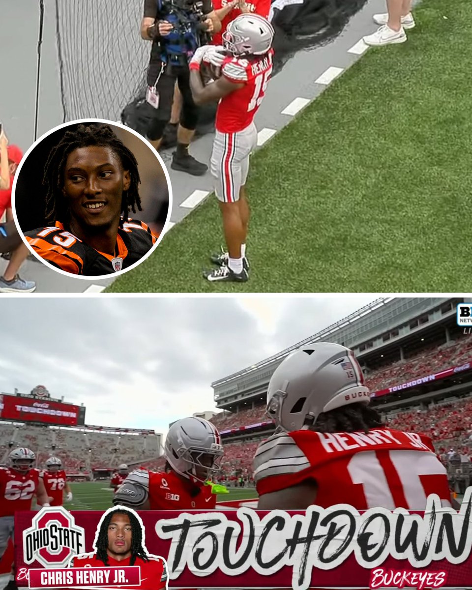 YahooSports's tweet photo. True freshman WR Chris Henry Jr. caught his first career TD in Ohio State's season-opening win 👏 

The five-star recruit is the son of former Bengals WR Chris Henry, who passed away in 2009. https://t.co/MObQDTtXUZ