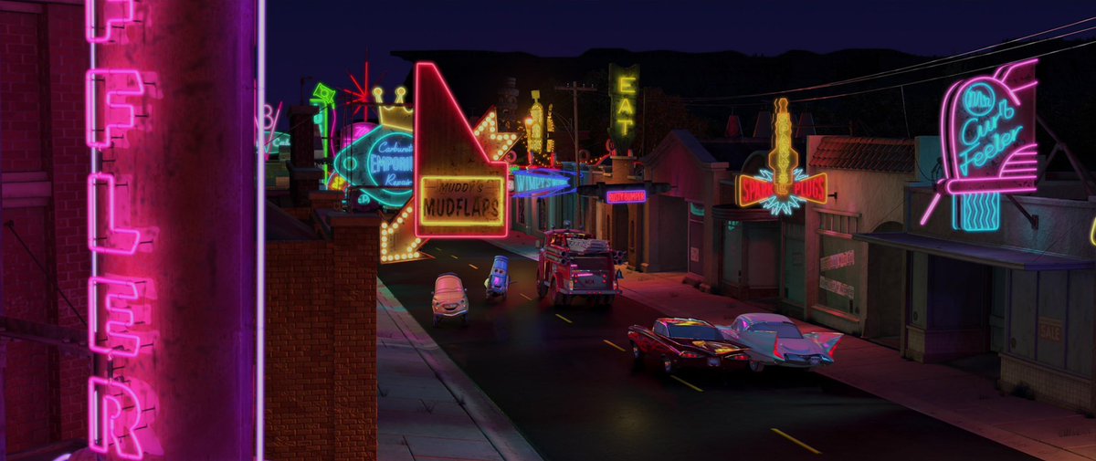 JillianChili's tweet photo. We would watch the Cars DVD on repeat, but seeing it 20 years later in theaters, it felt entirely brand new. The ambience, sounds, and sights are so electrifying. It’s Pixar’s most in-depth world-building, and its message to slow down and the drive always hits deep! https://t.co/Y4sluuPF9M