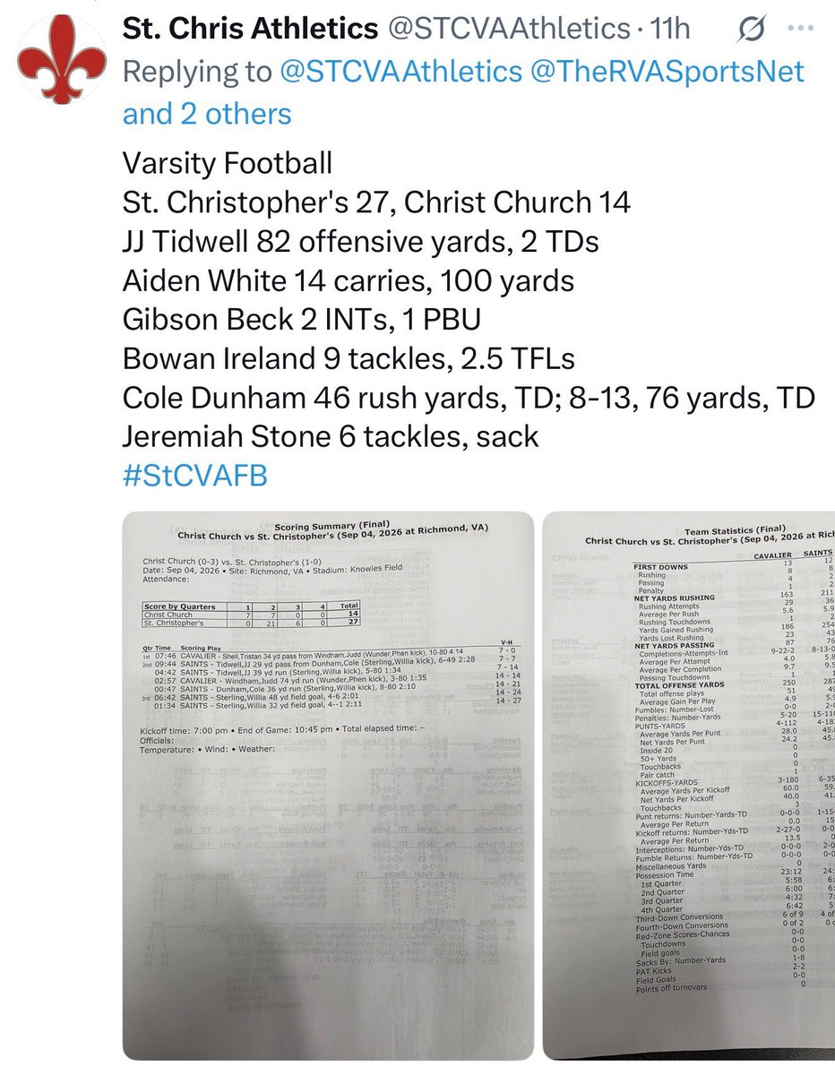GibsonBeck50768's tweet photo. Great way to start the season with a 27-14 win. Ended with 2 interceptions and 1 PBU. Looking forward to next Saturday at Noon vs Episcopal Academy at home!
@JBC_Baseball @STCVAAthletics @LClelland @KyleAdamsRVA @AdamsPerform @alex_famodu https://t.co/3cg9BrPDlm