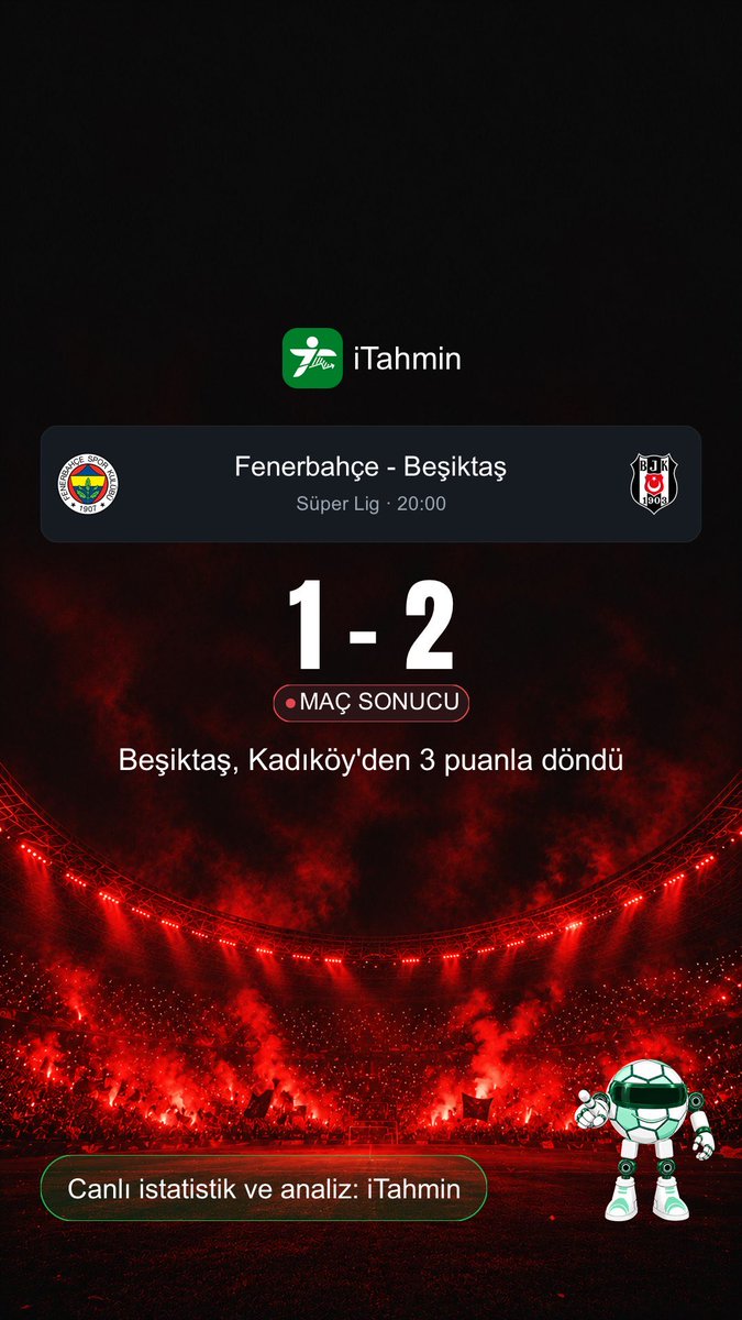 itahmin_com's tweet photo. Beşiktaş, Kadıköy'den 3 puanla döndü
⚽ MAÇ SONUCU · Fenerbahçe 1-2 Beşiktaş
🏆 Süper Lig
📲 Canlı skor, maç içi sinyaller ve AI analizi iTahmin'de.
📥 İndir: https://t.co/hh735Xixmh
#Fenerbahce #Besiktas #SuperLig #macsonucu #iTahmin #futbol https://t.co/CsnnUf4uf0
