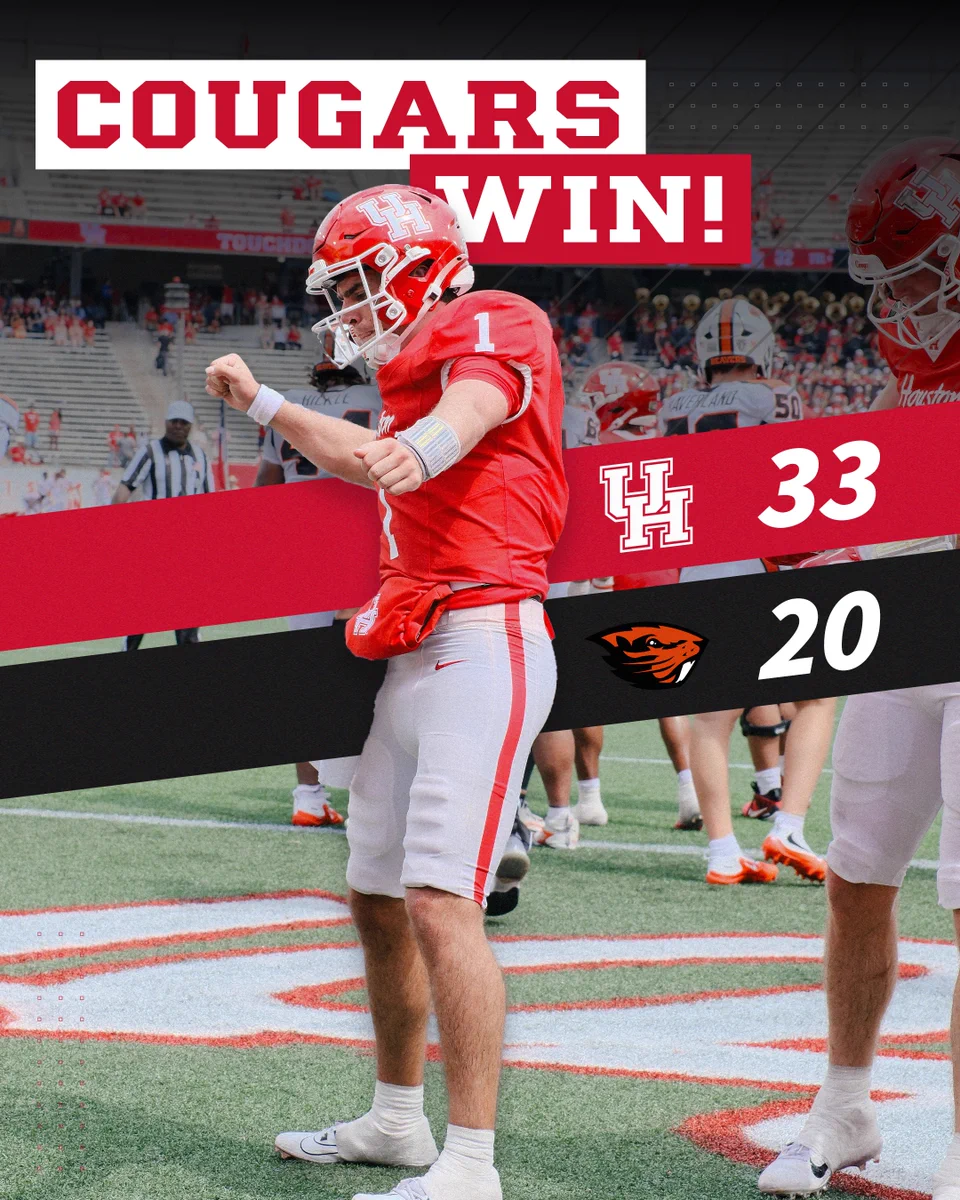 The #23 Houston Cougars beat Oregon State, 33-20. Houston quarterback Conner Weigman celebrating after a touchdown.