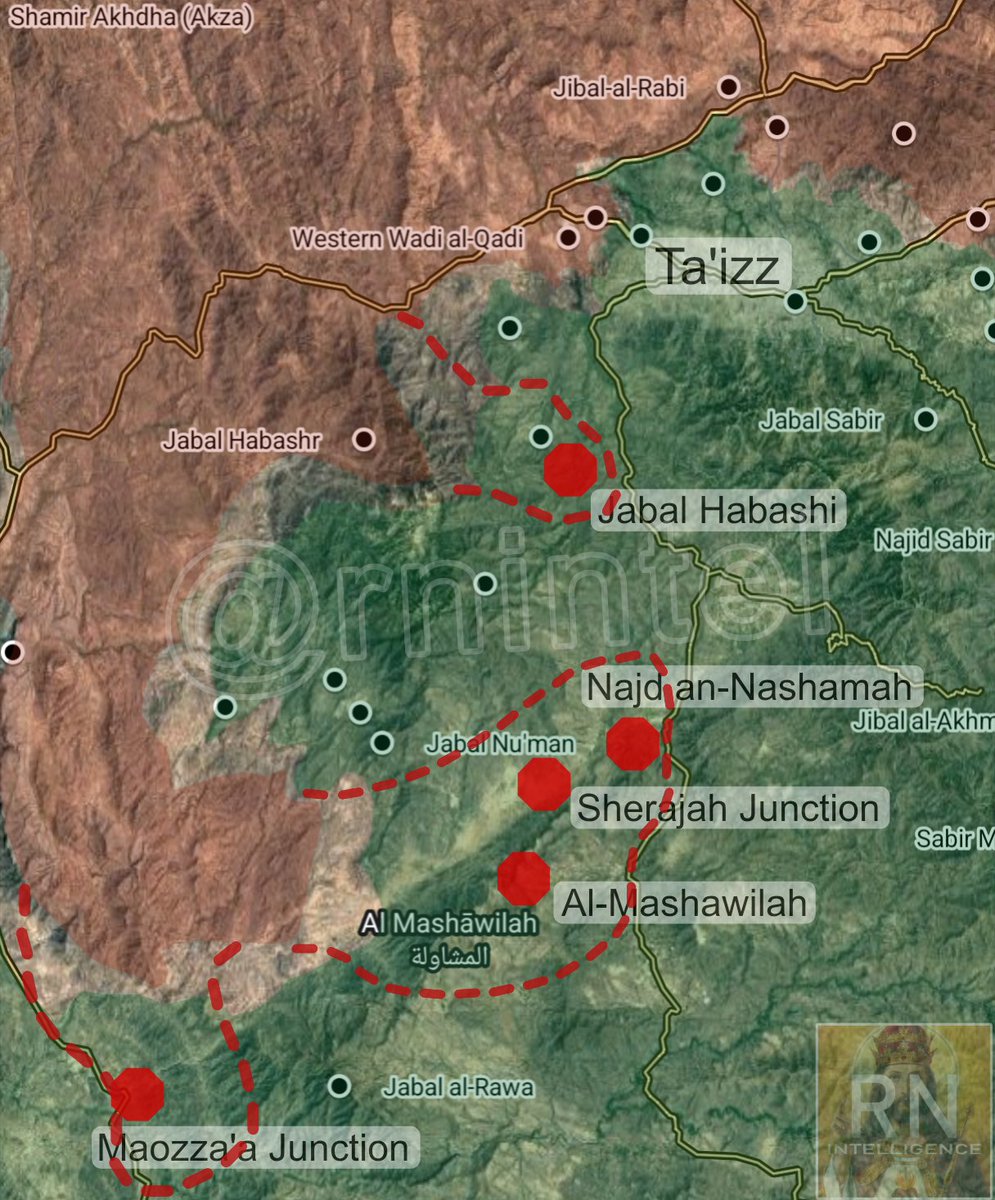 officialrnintel's tweet photo. 🇾🇪⚡- Ansarullah forces have made significant progress in the Bani Bakari area, Ta'izz direction, southwest Yemen.

Map shows new areas of Ansarullah presence in red markings. The key being the heights around Jabal Habashi, which puts the al-Darba, Ta'izz's western supply route under fire control. 

Ansarullah forces also captured the Sherajah junction and the small town of Najd an-Nashamah, which cuts the Najd al-Qasaim - al-Mansora road, which also feeds Ta'izz.

The final advance was south towards the Moazza'a junction, which lies at the entrance to the strategic Jabal al-Rawa, which overlooks the Ta'izz - Bab el-Mandeb road.