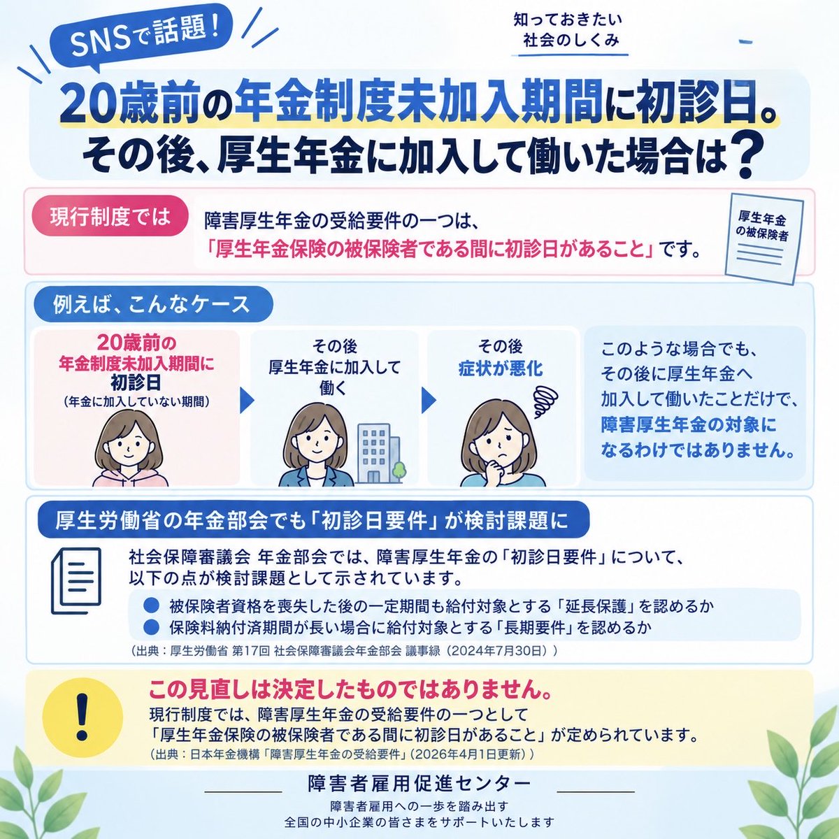 sks_center's tweet photo. 「働いて厚生年金を納めてきたのに、障害基礎年金だけ？」

SNSで話題の障害年金と「初診日」の関係。

現行制度と、厚労省の年金部会で議論されている論点を4枚で整理しました。

※制度改正が決定したものではありません。

#障害年金 #障害者雇用 #障害者雇用促進 #障害者採用 #社会保障 https://t.co/iQGE2C0ioq