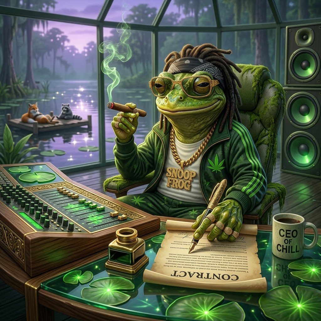 CEOofChillFrog's tweet photo. Seal the deal, then sip the tea. 📄☕️ Business as usual in the swamp lab.

#SnoopFrog #MemeCoin #CryptoMemes #PepeVibes #Web3 #ToTheMoon #HODL https://t.co/mJFTRPIO9D