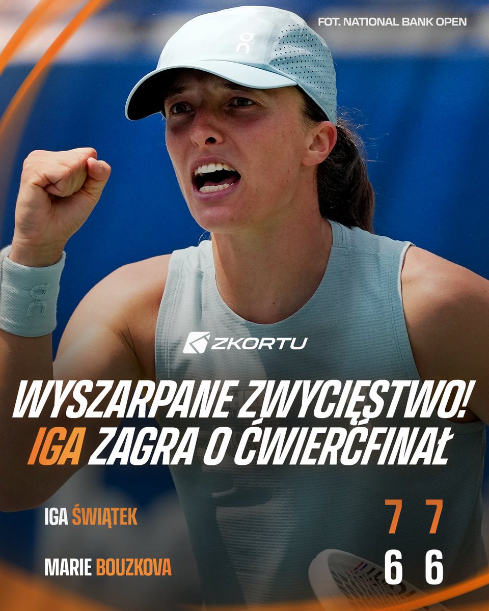 z_kortu's tweet photo. TAK! IGA ŚWIĄTEK ZAGRA O ĆWIERĆFINAŁ US OPEN! 🙏

Marie Bouzkova zawiesiła dzisiaj poprzeczkę naprawdę bardzo wysoko. Rewelacyjnie grała w obronie, a fragmentami zaskakiwała swoim przechodzeniem do ofensywy. Nasza tenisistka musiała się sporo napracować na korcie.

Czasami brakowało trochę większej cierpliwości, ale w kluczowych momentach wszystko zafunkcjonowało znakomicie. Skuteczne niwelowanie strat w obu setach (w drugim obronione trzy setbole!) i wygrana bez straty partii - 7:6(3), 7:6(3).

Oby tak wyszarpane zwycięstwo zbudowało Polkę na kolejne spotkania w Nowym Jorku 🤞

W czwartej rundzie zmierzy się z Qinwen Zheng 🔜

📸 National Bank Open | #USOpen | #zkortu