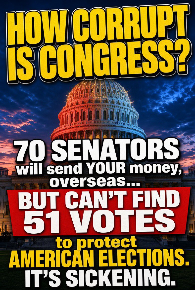 CRRJA5's tweet photo. They can find 70 votes to ship your money overseas. They can’t find 51 to protect your elections. 
Foreign aid: bipartisan lock. Election integrity: suddenly impossible. That’s not gridlock. That’s a preference. https://t.co/p3XosVwy1c