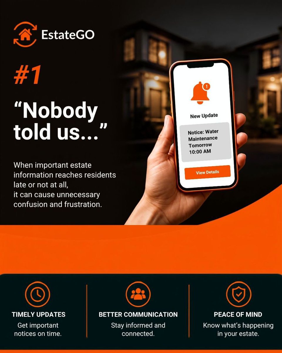EstateGoNg's tweet photo. Some things can make everyday estate living more stressful than it needs to be. 

That’s where EstateGO comes in making estate living easier with timely updates, better communication, verified vendors, and peace of mind. 

Comment ONE thing you wish was easier in your estate? https://t.co/u7JOqu5Sg7