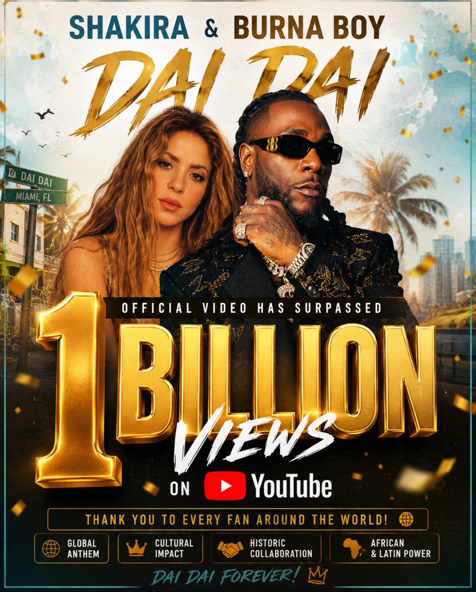 BurnaBoyStats's tweet photo. Shakira &amp; Burna Boy’s “Dai Dai” (official video) has surpassed 1 BILLION views on YouTube. 🤯🤯💥💥💥 https://t.co/U0mzkEau2V