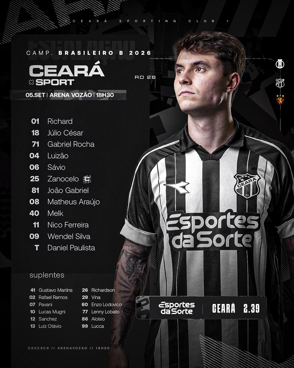 CearaSC's tweet photo. Equipe escalada para o confronto de logo mais! ✅
#CearáSC #CSCxSPT https://t.co/FW5sIpsgNo
