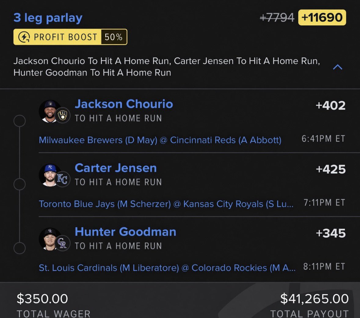 MrClarkParlays's tweet photo. 3-leg HR parlay tonight… who’s riding with me? 👀

@Playbook https://t.co/jwZ1Kjx8XL