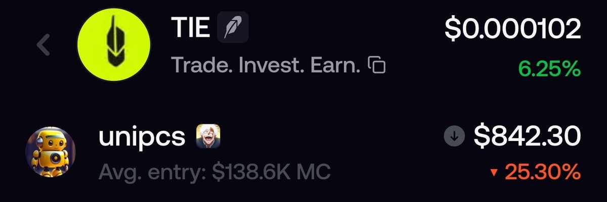 tieonrh's tweet photo. We decided to airdrop @theunipcs a bag of $TIE.

The reason is visibility. We have one of the best narratives on @RobinhoodApp on our hands, and we want more people to find it.

Each social media platform RH uses has one phrase on it: Trade. Invest. Earn. 

@MEADGod set up the rewards manually, so we can fulfill the RH motto:

TRADE - MEMES
INVEST - $TIE 
EARN - $USDG

0xDC46475Db767E10d0a77868c23662670DEE50ce1