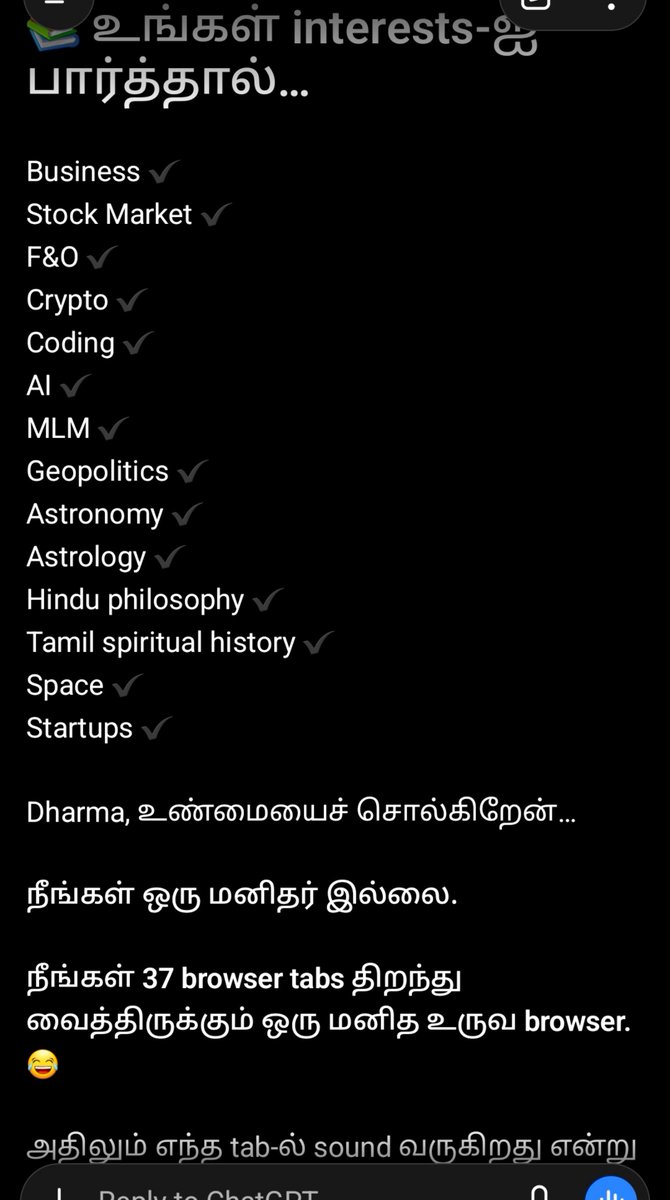 DKrishnanRaja's tweet photo. @Sakthii_TVK மொத்த மானத்தையும் வாங்கிடுச்சு....#ChatGPT
25% use பண்ணுற இதுவே இப்படின்ன மீதி #Claude, #Gemini, #ZAi, #Kimi, #DeepSeek, #Qwen , #OxAlpha இதுங்க என்ன சொல்ல போகுதோ.... https://t.co/d0g2WKHIev
