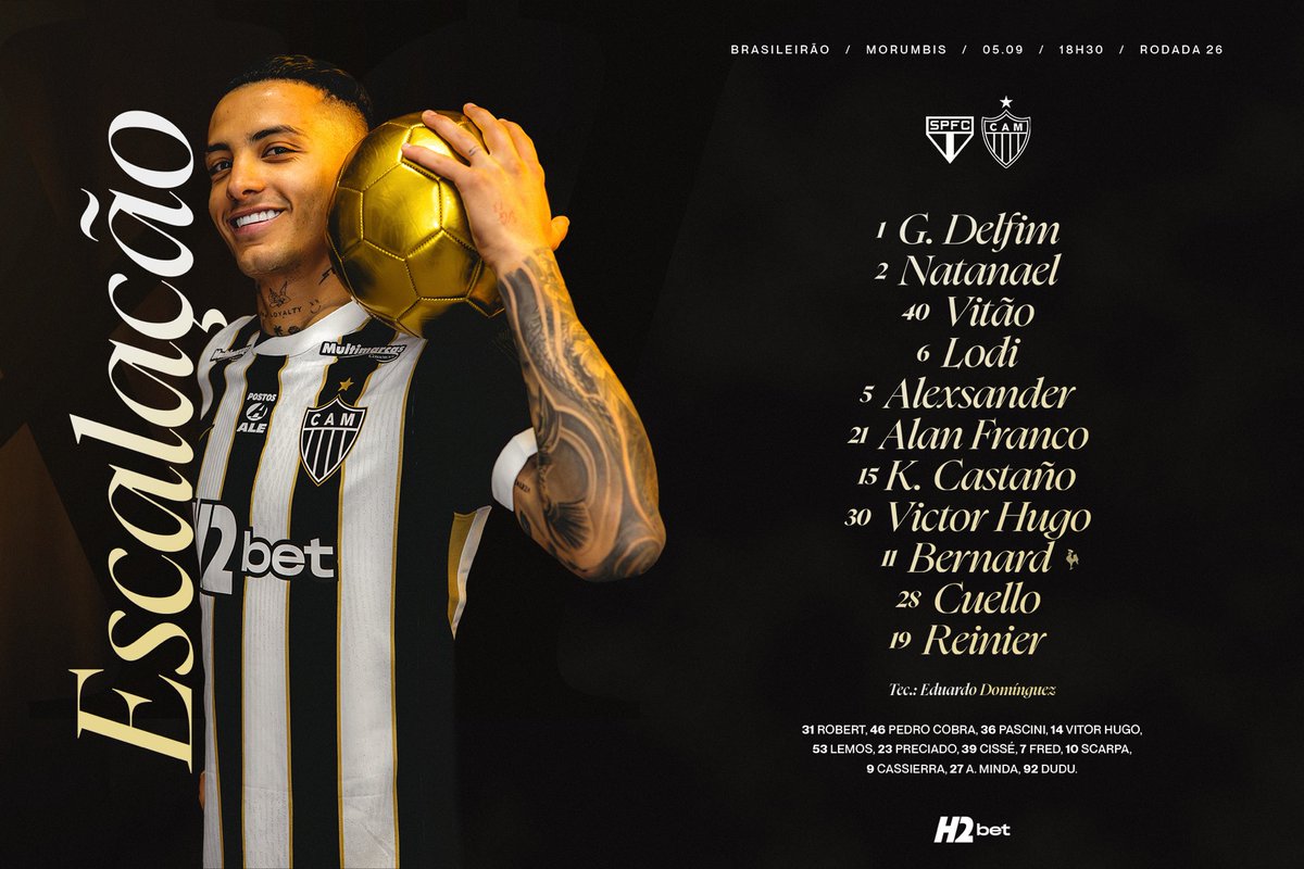 Atletico's tweet photo. 📋 GALO ESCALADO! Veja a nossa escalação para enfrentar o São Paulo, fora de casa, pelo Brasileirão! 

📺 Premiere 

#VamoGalo #SPFCxCAM 🏴🏳️ https://t.co/KH09v1aqY2